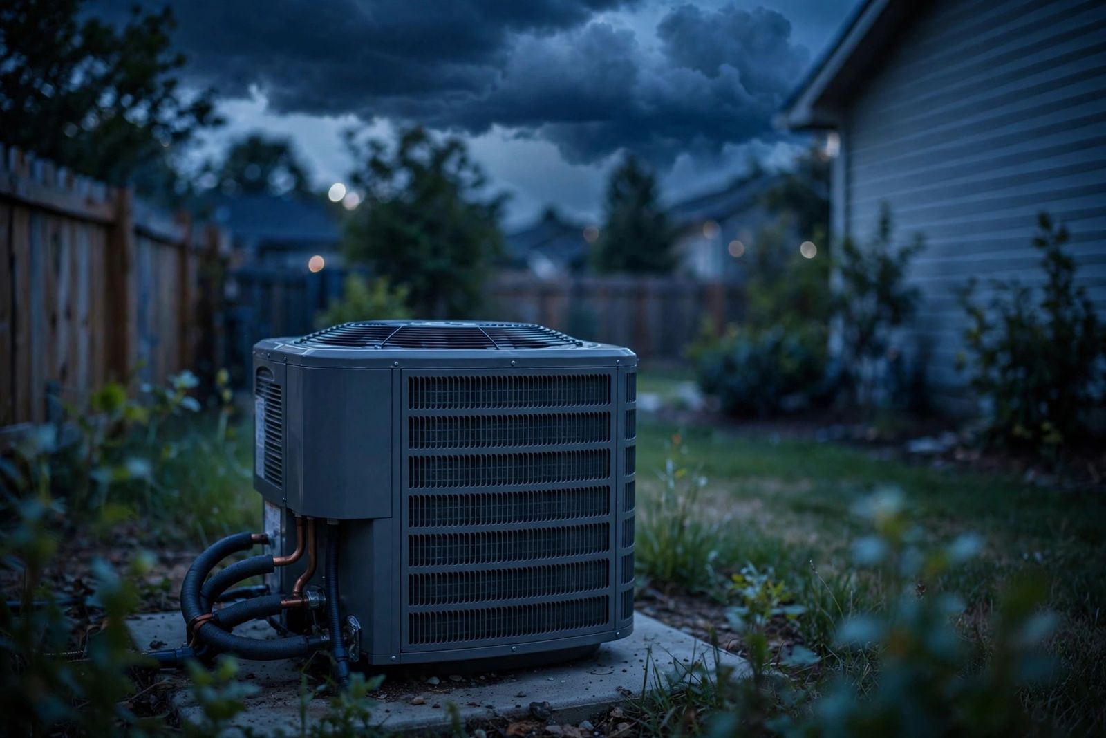 Home air conditioner condenser unit at dusk under a stormy sky