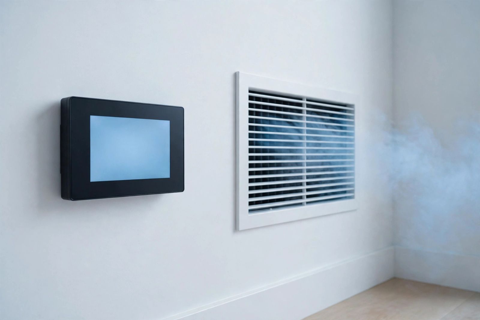 Thermostat and air vent with cool airflow in a bright home